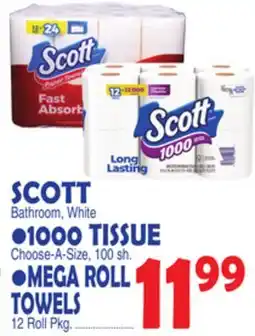 Bravo Supermarkets SCOTT,1000 TISSUE,MEGA ROLL TOWELS offer