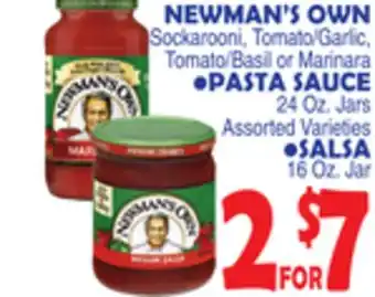 Bravo Supermarkets NEWMAN'S OWN Sockarooni, Tomato/Garlic, Tomato/Basil or PASTA SAUCE 24 Oz. Jars SALSA 16 Oz. Jar offer