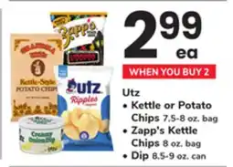 ACME Utz, Kettle or Potato Chips 7.5-8 oz. bag, Zapp's Kettle Chips 8 oz. bag, Dip 8.5-9 oz. can offer