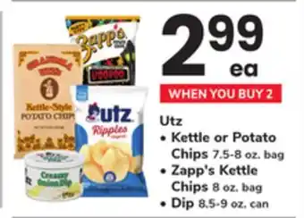 ACME Utz, Kettle or Potato Chips 7.5-8 oz. bag, Zapp's Kettle Chips 8 oz. bag, Dip 8.5-9 oz. can offer