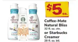 ACME Coffee-Mate Natural Bliss 32 fl. oz. ctn. or Starbucks Creamer 28 fl. oz. btl offer