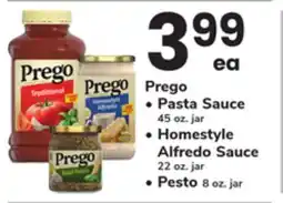 ACME Prego Pasta Sauce 45 oz. jar, Homestyle Alfredo Sauce 22 oz. jar, Pesto 8 oz. jar offer