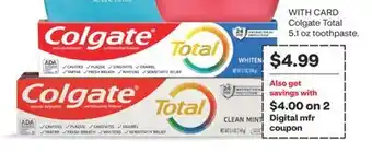 CVS Colgate Total 5.1 oz toothpaste offer