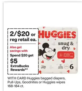 CVS Huggies bagged diapers, Pull-Ups, Goodnites or Huggies wipes 168-184 ct offer