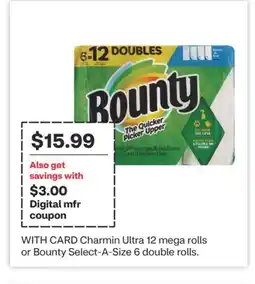 CVS Charmin Ultra 12 mega rolls or Bounty Select-A-Size 6 double rolls offer