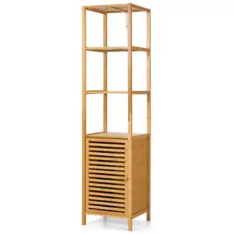 Walmart Costway 4 Tiers Bamboo Bathroom Storage Floor Cabinet Tower Corner Rack w/ Louvered Door offer