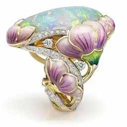 Walmart 18K Solid Gold Floral Lavender Fuchsia Lotus Enamel Oval Cut Fire Opal Band Rings offer