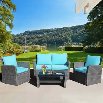 Walmart Gymax 4PCS Patio Rattan Conversation Set Outdoor Furniture Set w/ Turquoise Cushions offer