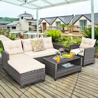 Walmart Costway 4PCS Patio Rattan Furniture Set Sofa Ottoman Cushion Garden Deck White offer