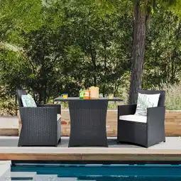 Walmart Gymax 3PCS Patio Wicker Bistro Set PE Rattan Dining Table Set w/ White Cushions offer