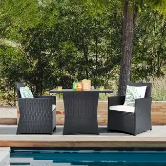 Walmart Gymax 3PCS Patio Wicker Bistro Set PE Rattan Dining Table Set w/ White Cushions offer