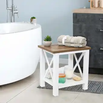 Walmart Sunnydaze Farmhouse 16.75 x 12.5 x 17.25 Bathroom Shower Bench with Storage Shelf offer