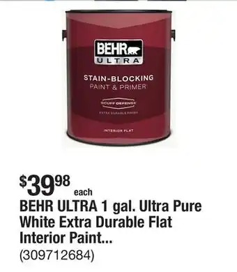 The Home Depot BEHR ULTRA 1 gal. Ultra Pure White Extra Durable Flat Interior Paint & Primer offer