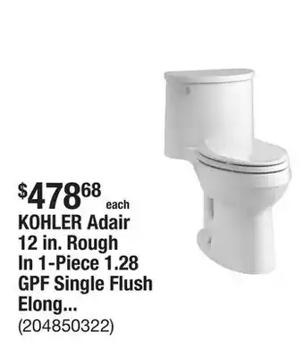 The Home Depot KOHLER Adair 12 in. Rough In 1-Piece 1.28 GPF Single Flush Elongated Toilet in White Seat Included offer