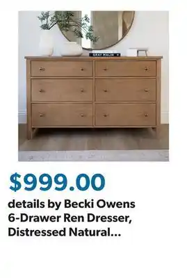 Sam's Club details by Becki Owens 6-Drawer Ren Dresser, Distressed Natural Wood Finish offer