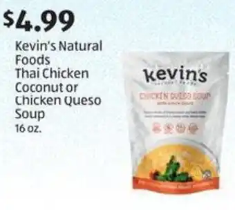 Aldi Kevin's Natural Foods Thai Chicken Coconut or Chicken Queso Soup offer