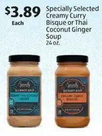 Aldi Specially selected creamy curry bisque or thai coconut ginger soup offer