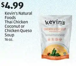 Aldi Kevin's Natural Foods Thai Chicken Coconut or Chicken Queso Soup offer