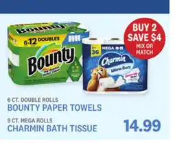 Kings Food Markets BOUNTY PAPER TOWELS, 6 CT. DOUBLE ROLLS, CHARMIN BATH TISSUE, 9 CT. MEGA ROLLS offer