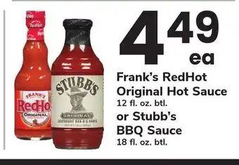 ACME Frank's RedHot Original Hot Sauce 12 fl. oz. btl. or Stubb's BBQ Sauce 18 fl. oz. btl offer