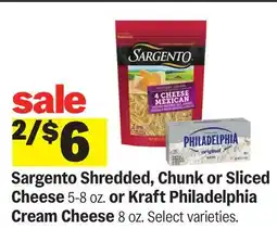 Meijer Sargento Shredded, Chunk or Sliced Cheese 5-8 oz. or Kraft Philadelphia Cream Cheese 8 oz offer