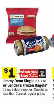 Meijer Jimmy Dean Single 3.1-4 oz. or Lender's Frozen Bagels* 12 oz offer