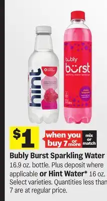 Meijer Bubly Burst Sparkling Water 16.9 oz. bottle. or Hint Water* 16 oz offer