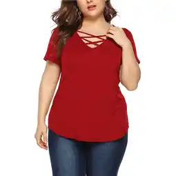 Walmart Fancyglim Women Plus Size Summer Tee Shirts Criss Cross V Neck Tops Black 2XL offer