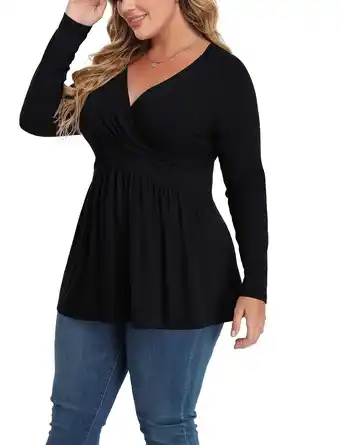 Walmart Chalesta Women Plus Size Top Long Sleeve Print Tops Pleated Casual V Neck Tunic Blouse offer