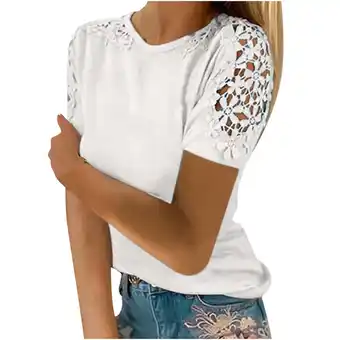 Walmart Women Plus Size Shirts Ladies Solid Short Sleeve Lace Tops offer