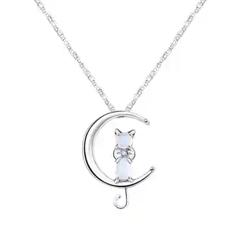 Walmart Designice Women Moonstone Cat Pendant Chain Necklace 925 Sterling Silver Jewellery C6P8 offer