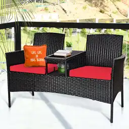 Walmart Costway Patio Rattan Conversation Set Seat Sofa Cushioned Loveseat Glass Table Chair Red offer