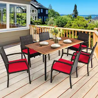 Walmart Gymax 7PCS Patio Dining Furniture Set Yard w/ Wooden Tabletop Red Cushions offer