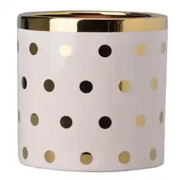 Walmart Benzara Ceramic Cylindrical Planter with Polka Dots Pattern, White & Gold offer