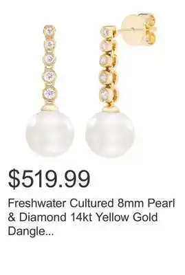 Costco Freshwater Cultured 8mm Pearl & Diamond 14kt Yellow Gold Dangle Earrings offer