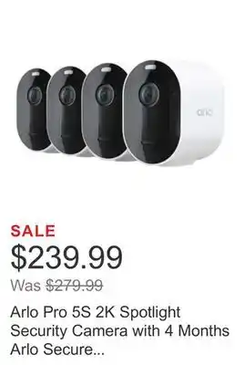 Costco Arlo Pro 5S 2K Spotlight Security Camera with 4 Months Arlo Secure Subscription, 4-pack offer