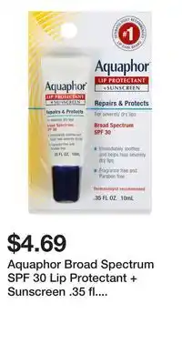 Big Lots Aquaphor Broad Spectrum SPF 30 Lip Protectant + Sunscreen .35 fl. oz. Carded Pack offer