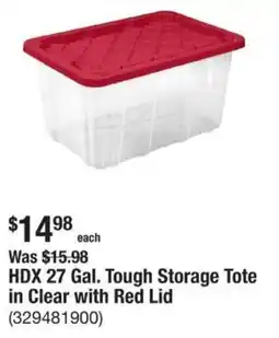 The Home Depot HDX 27 Gal. Tough Storage Tote in Clear with Red Lid offer