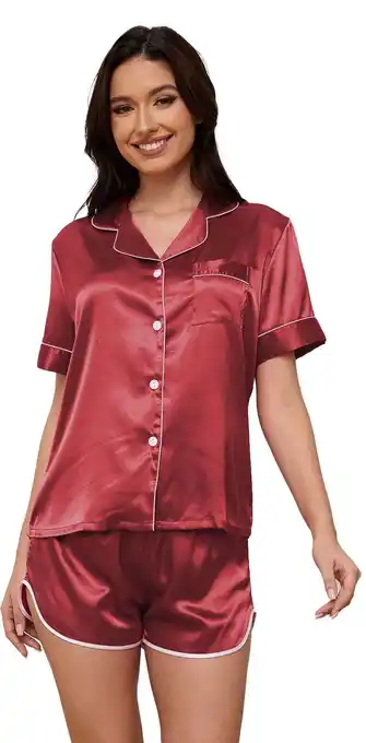 Walmart UNEEI Women Pajamas Set 2PC Silk Satin Lapel Sleepwear Short Sleeve Tops, Soft Women Loungewear offer