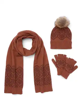 Walmart The Pioneer Woman Intarsia Cold Weather Beanie Scarf & Glove 3-Piece Set, Cognac offer