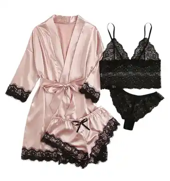 Walmart AMITOFO Robes for Women Satin Silk Pajamas Set 4pcs Lace Trim Cami Sexy Lingerie Sleepwear Underwear offer