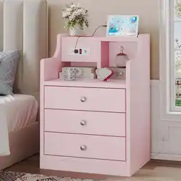 Walmart Afuhokles Nightstand with Charging Station, Night Stand with Hutch and Storage Drawers, Pink offer