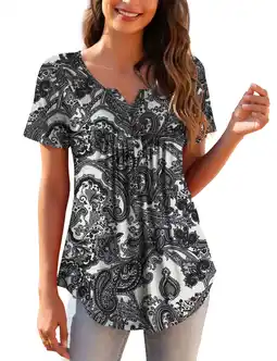 Walmart a.Jesdani Womens Plus Size Tunic Tops Short Sleeve Casual Floral Henley Shirts m-4x offer