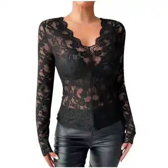 Walmart TUGOXIE Womens Long Sleeve Shirts Black Lace Sheer Blouses Slim Solid Comfy Womens Tops,Size XXL offer