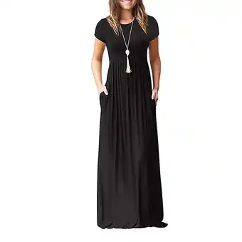 Walmart MLANM Women's Short Sleeve Casual Maxi Dresses Empire Party Evening Dress with Pockets,2XL Black offer