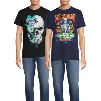 Walmart Good Vibrations Skeleton & Flower Skull Short Sleeve Men's Graphic Tees, 2-Pack offer