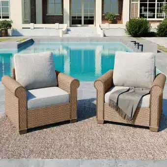 Walmart Summit Living 2-Pack Outdoor Wicker Club Lounge Chairs, Patio Furniture Set of 2, Beige Cushions offer