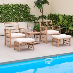 Walmart Costway 5 Piece Patio Rattan Wicker Conversation Set with 2-Tier Coffee Table & 2 Ottomans offer