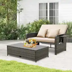 Walmart Costway Wicker Loveseat Sofa Set Patio Rattan Daybed with Ottoman & Retractable Side Tray Brown offer