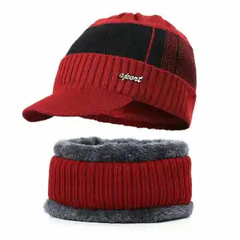 Walmart ZOELNIC Men Winter Warm Hat Scarf Set Knit Visor Beanie Fleece Lined Beanie with Brim Cap, Wine Red offer